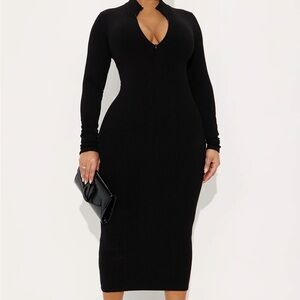 Black Long-Sleeve Ribbed Bodycon Midi Dress